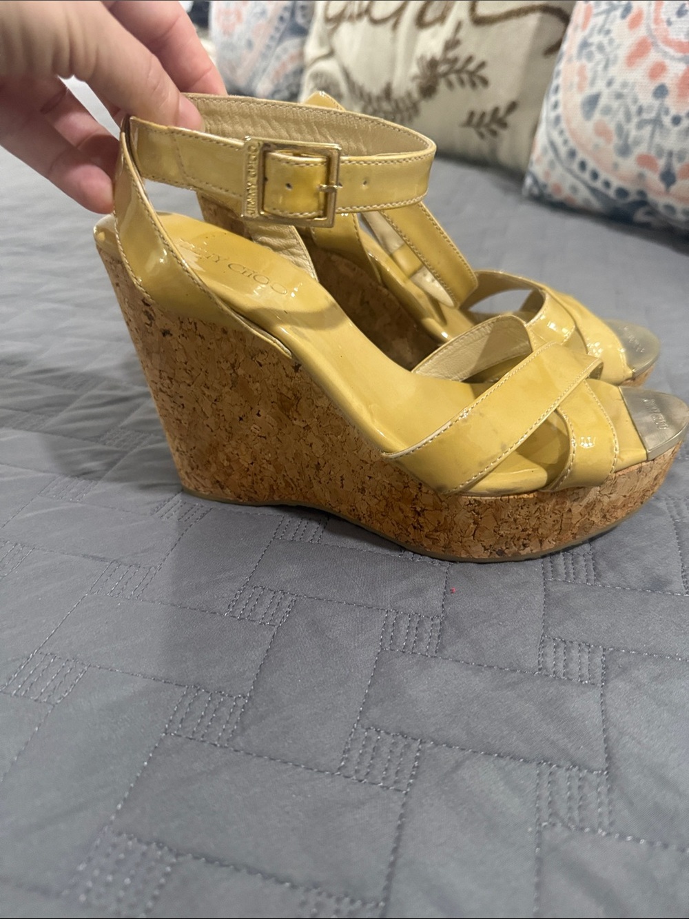 Jimmy Choo Yellow Patent Leather Cork Wedge Sandals